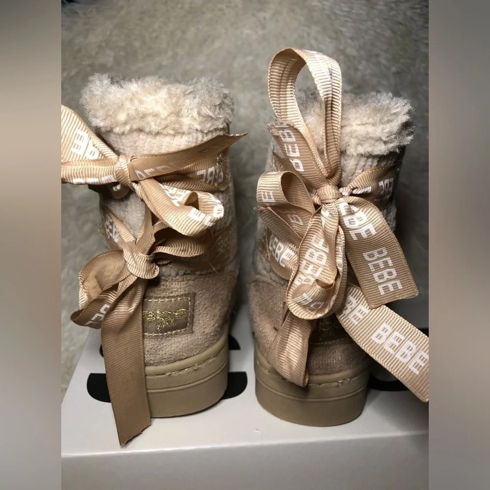 Bebe Kids Beige Boots with Logo Ribbon